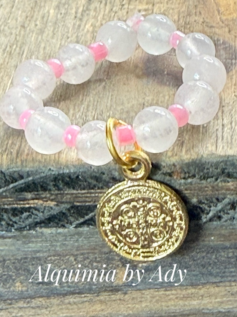 Alquimia Pink quartz Spacer & Gold Medallion Beaded Ring